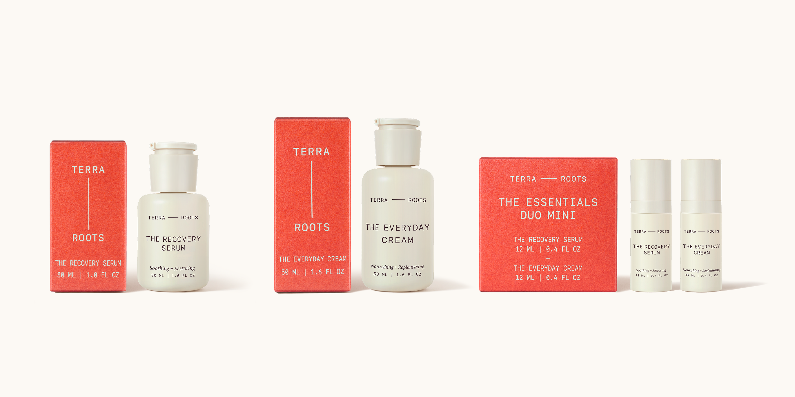 Terra Roots product flat lay — white herbal supplement bottles and red branded boxes